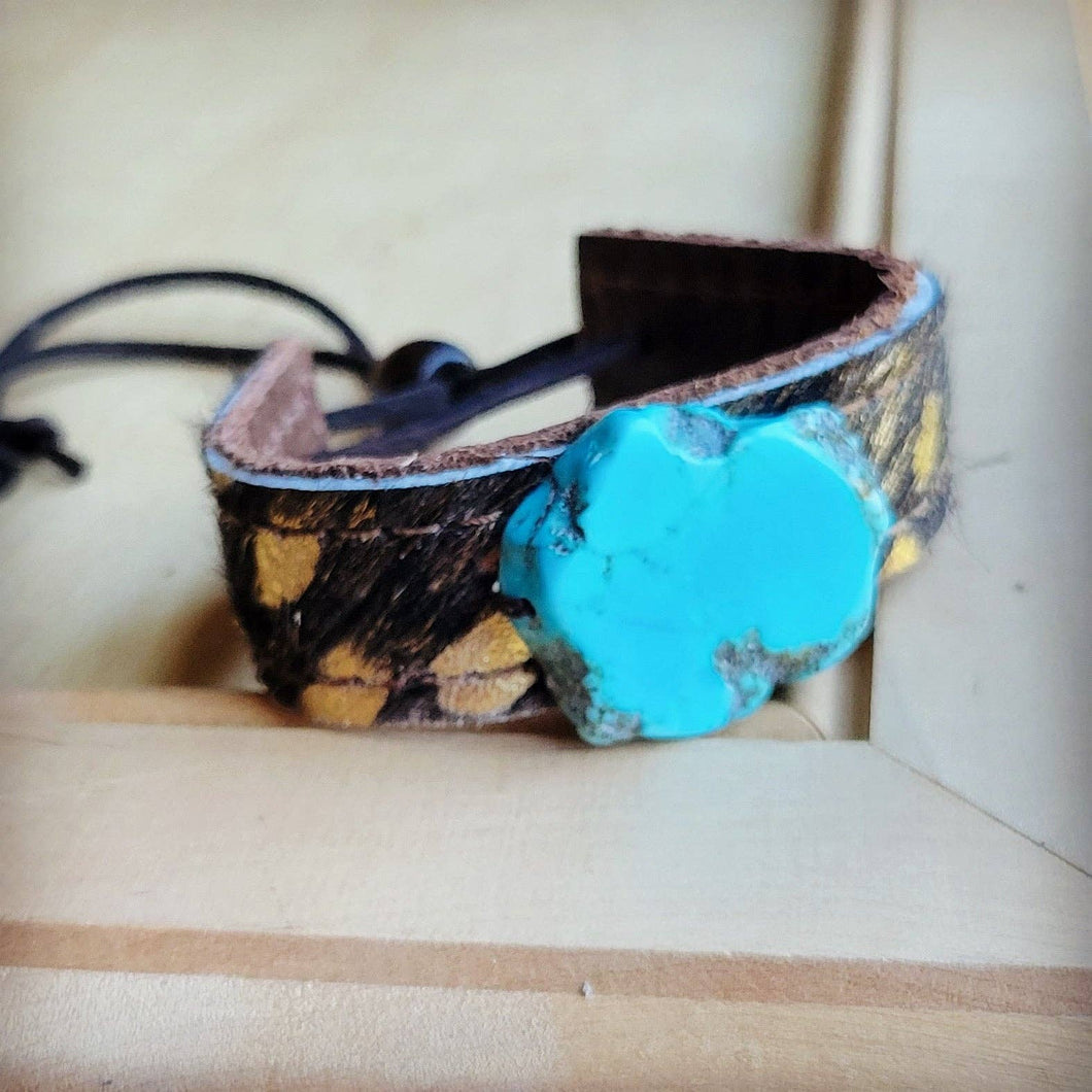 Narrow Leather Cuff w/ Turquoise Slab-Dark Metallic Hair