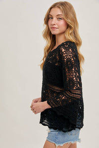 Donna Crochet Sheer Bell-Sleeve Pullover