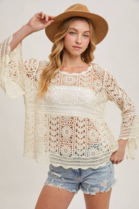 Donna Crochet Sheer Bell-Sleeve Pullover