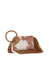 Load image into Gallery viewer, Vegan Suede Cow Print Fringe Wristlet/Clutch With Tassel

