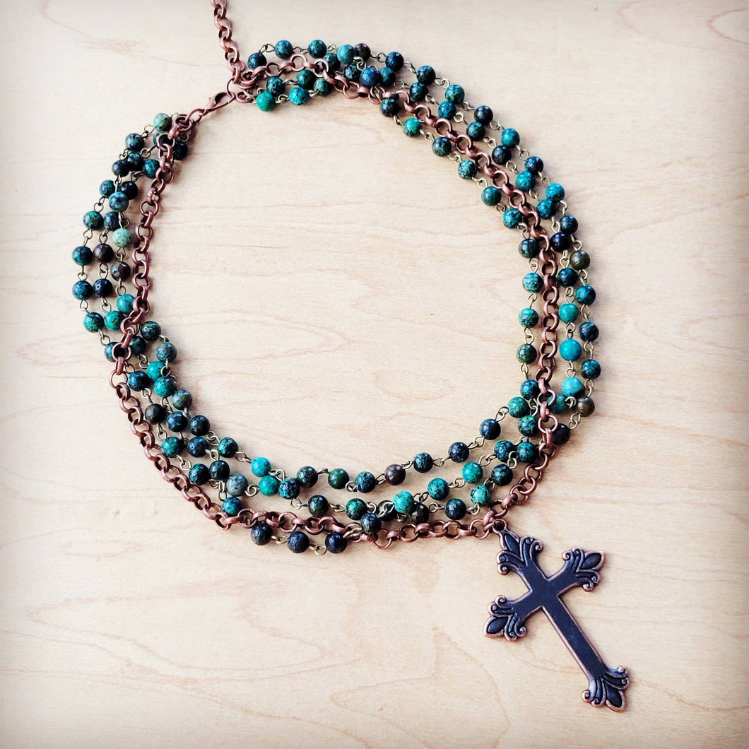 African Turquoise Beaded Collar Necklace Cross Pendant