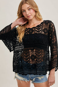 Donna Crochet Sheer Bell-Sleeve Pullover