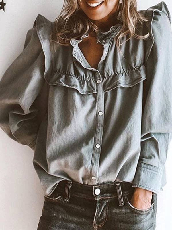 Long Sleeves Loose Buttoned Pleated Top