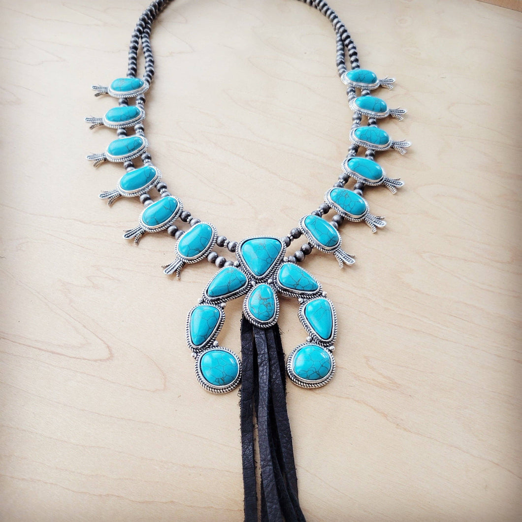 Turquoise Squash Blossom Necklace w/Long Black Tassel