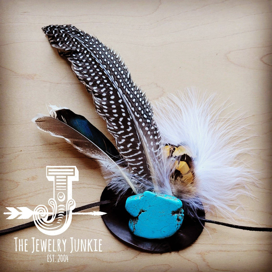 Blue Turquoise, Spotted Feather & Leather Hat Band Only 980z