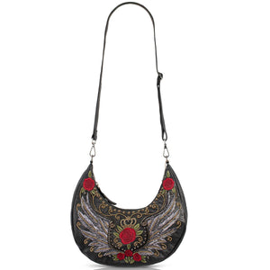 Wings & Roses Black Beaded and Embroidered Handbag