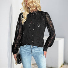 Load image into Gallery viewer, Black Lace Eyelet Button-Down Blouse – Long Sleeve Elegance
