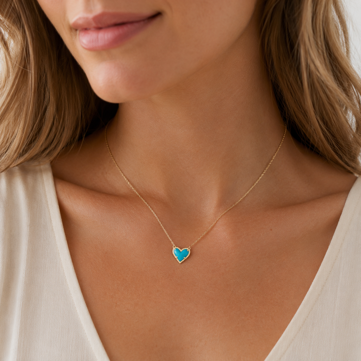 Kendra Scott Ari Heart Gold Turquoise Magnesite Short Pendant Necklace worn on model with delicate heart charm