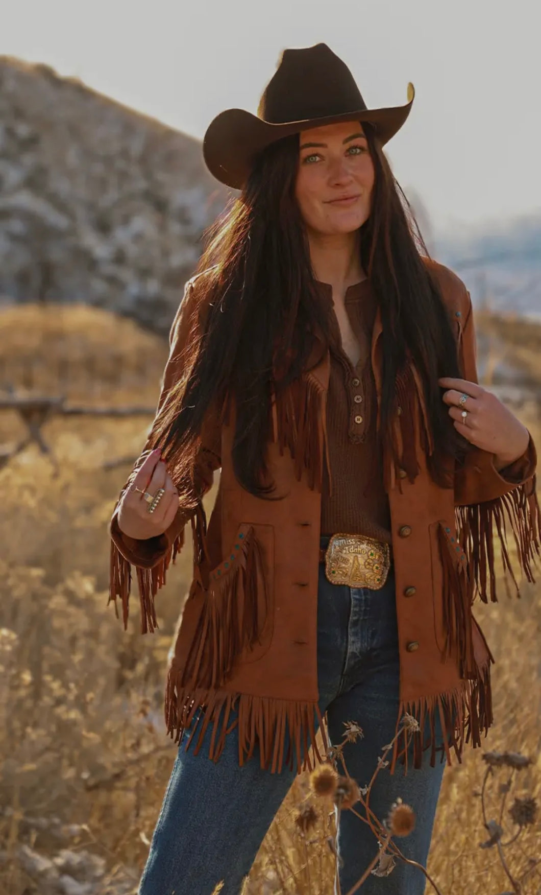 Chelline Faux Suede Fringe Studwork Jacket