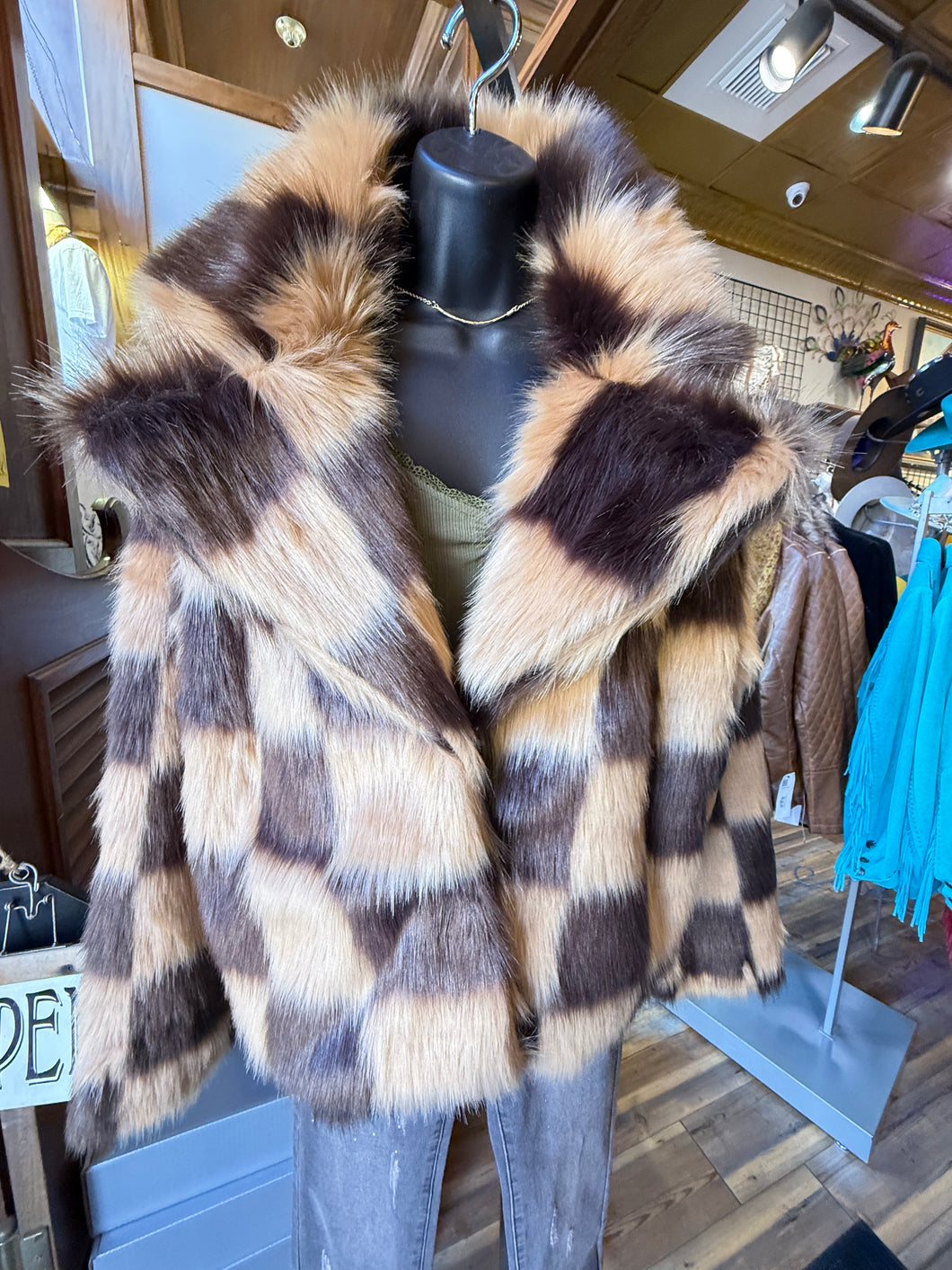 Ferrara Checkered Faux Fur Coat