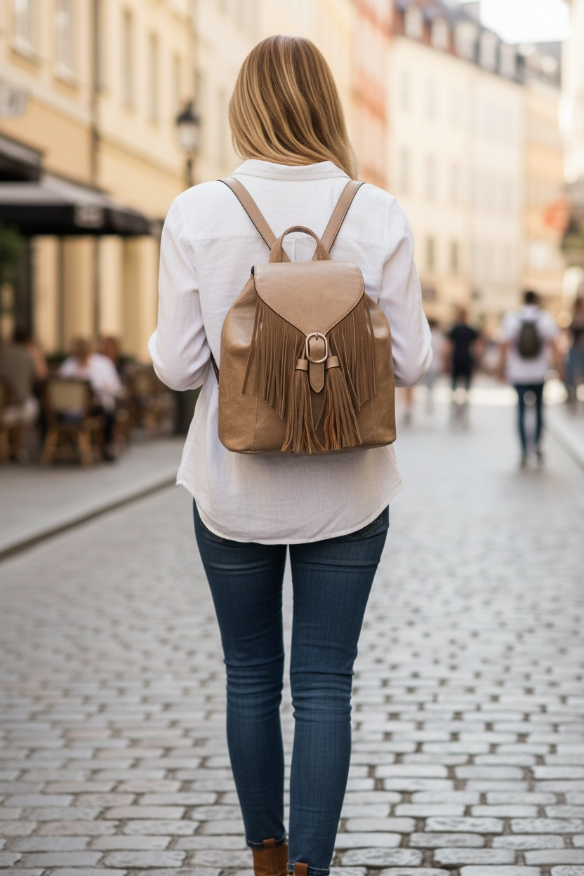 Jewel Distressed Bucket Backpack w/Fringe