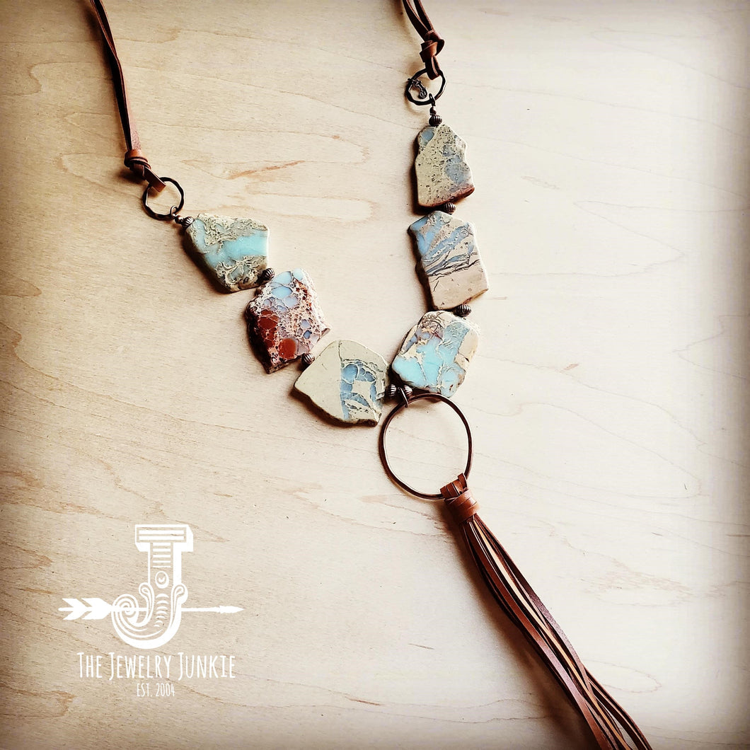 Aqua Terra Slab Necklace with Copper Hoop and Fringe Tassel 240r-0