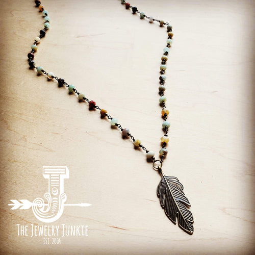 Amazonite Beaded Necklace with Antique Gold Feather 251x-0