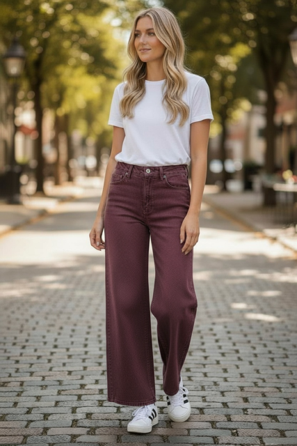 Burgundy Judy Blue High Waist Wide Leg Jeans