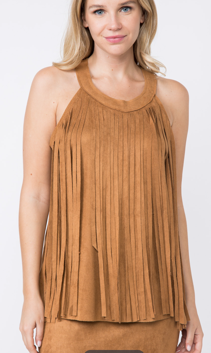 Vocal Fringed Suede Top Camel