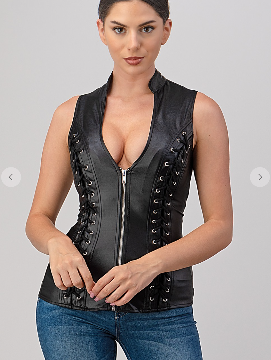 Pleather Sleeveless Zip Up Top With Cross Cut – Madame