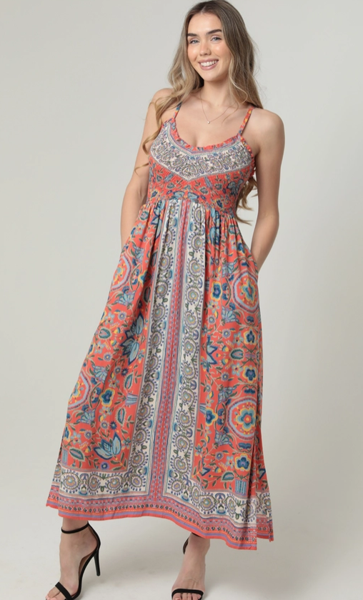 Marissa V-Neck Smocked Maxi Dress w/Pockets