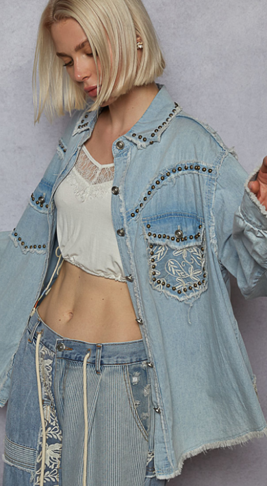 Arissa Denim Studded Embroidered Jacket