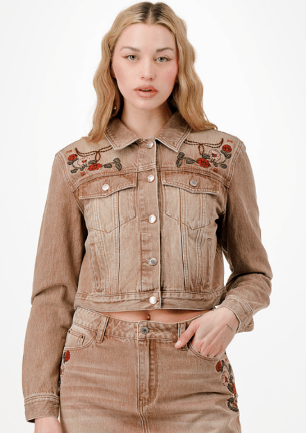 Elodie Washed Brown Embroidered Western Jacket