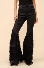 Load image into Gallery viewer, Madrid Mid Rise Lace Tiered Flare Denim Jeans
