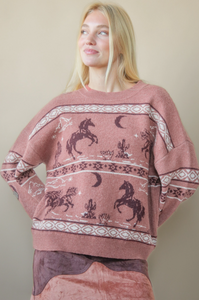 Hannah Oversized Western Graphic Knit Sweater Top in Mauve