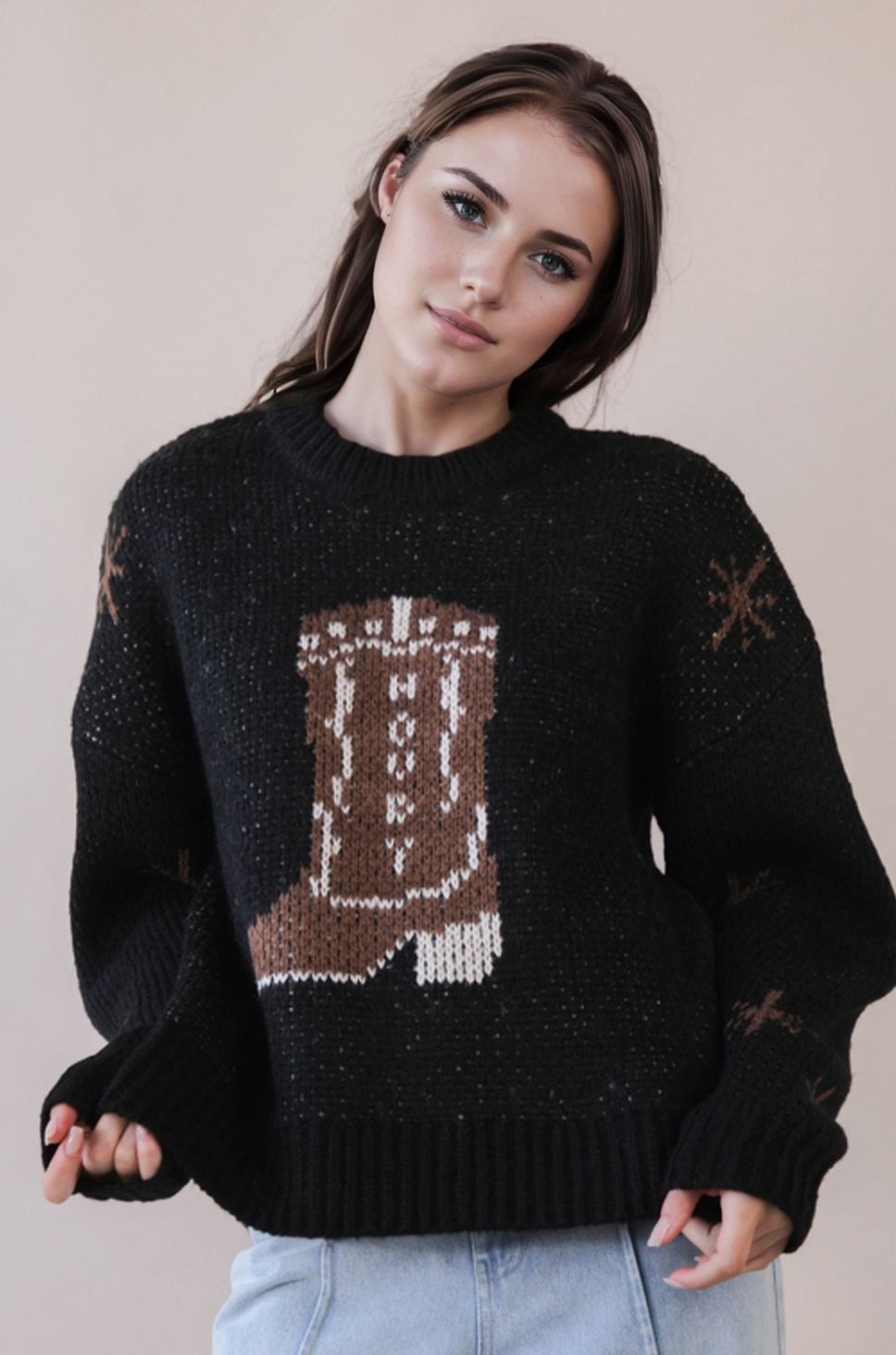 Halley Cowboy Boots Graphic Print Knit Sweater