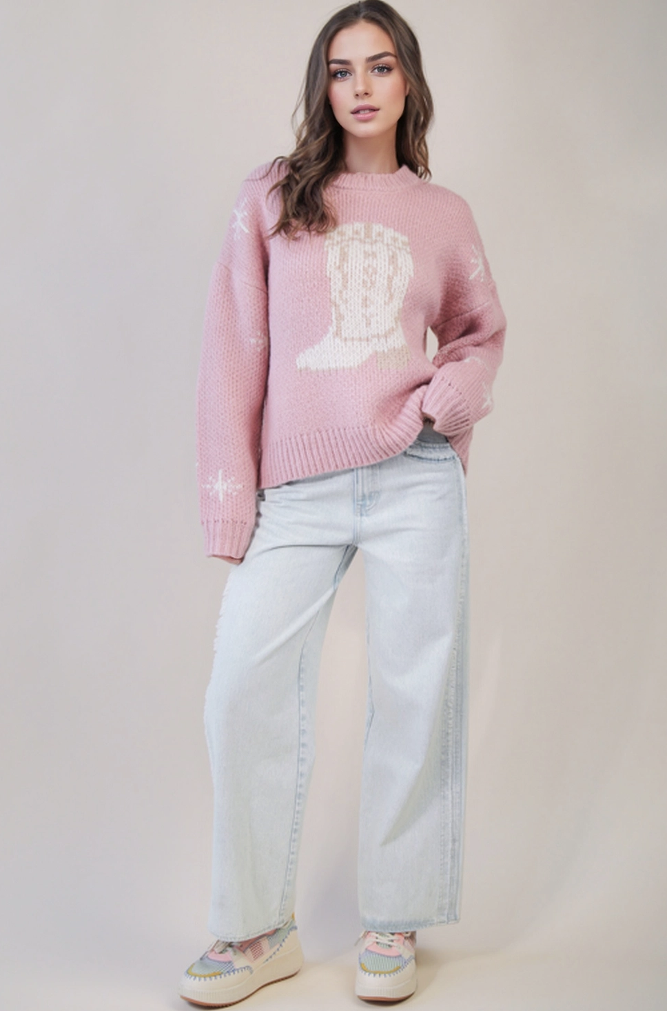 Halley Cowboy Boots Graphic Print Knit Sweater
