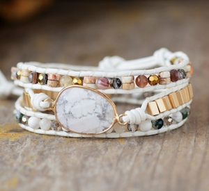 Natural White Howlite Stone & Gold Bead Wrap Bracelet