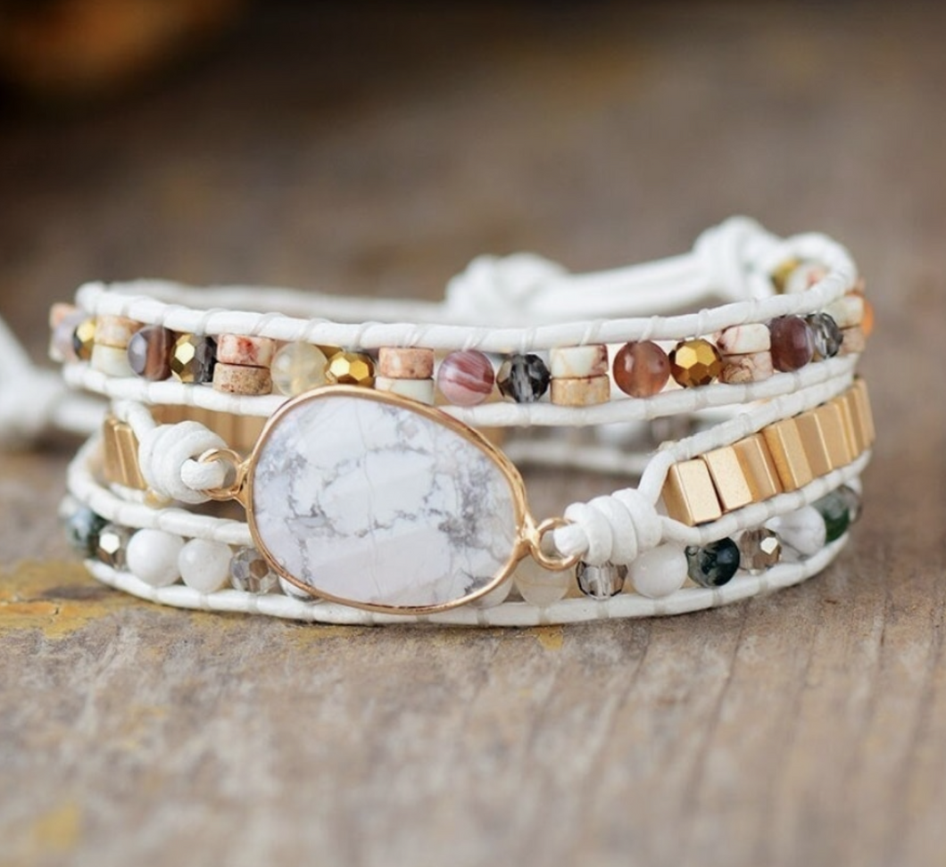 Natural White Howlite Stone & Gold Bead Wrap Bracelet