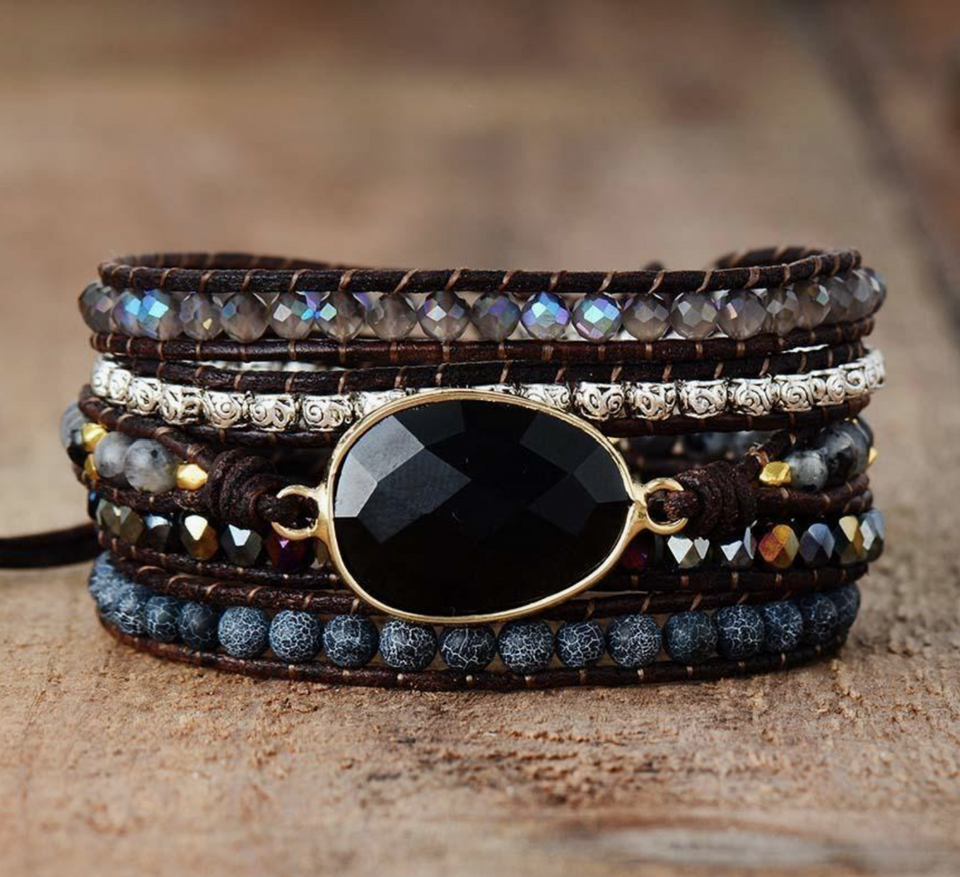 Natural Black Onyx Beaded Wrap Bracelet