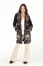 Load image into Gallery viewer, Elsie Stretch Velvet Button Contrast Embroidered Jacket
