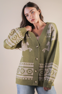 Harmon Oversized Western Graphic Knit Cardigan in Olive