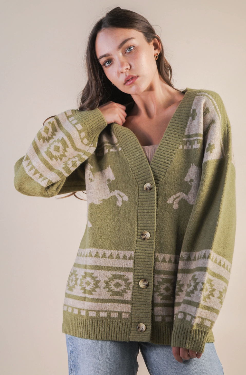 Harmon Oversized Western Graphic Knit Cardigan in Olive
