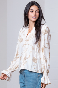 Macie Silver V-Neck w/Ruffle Collar Embroidery Top