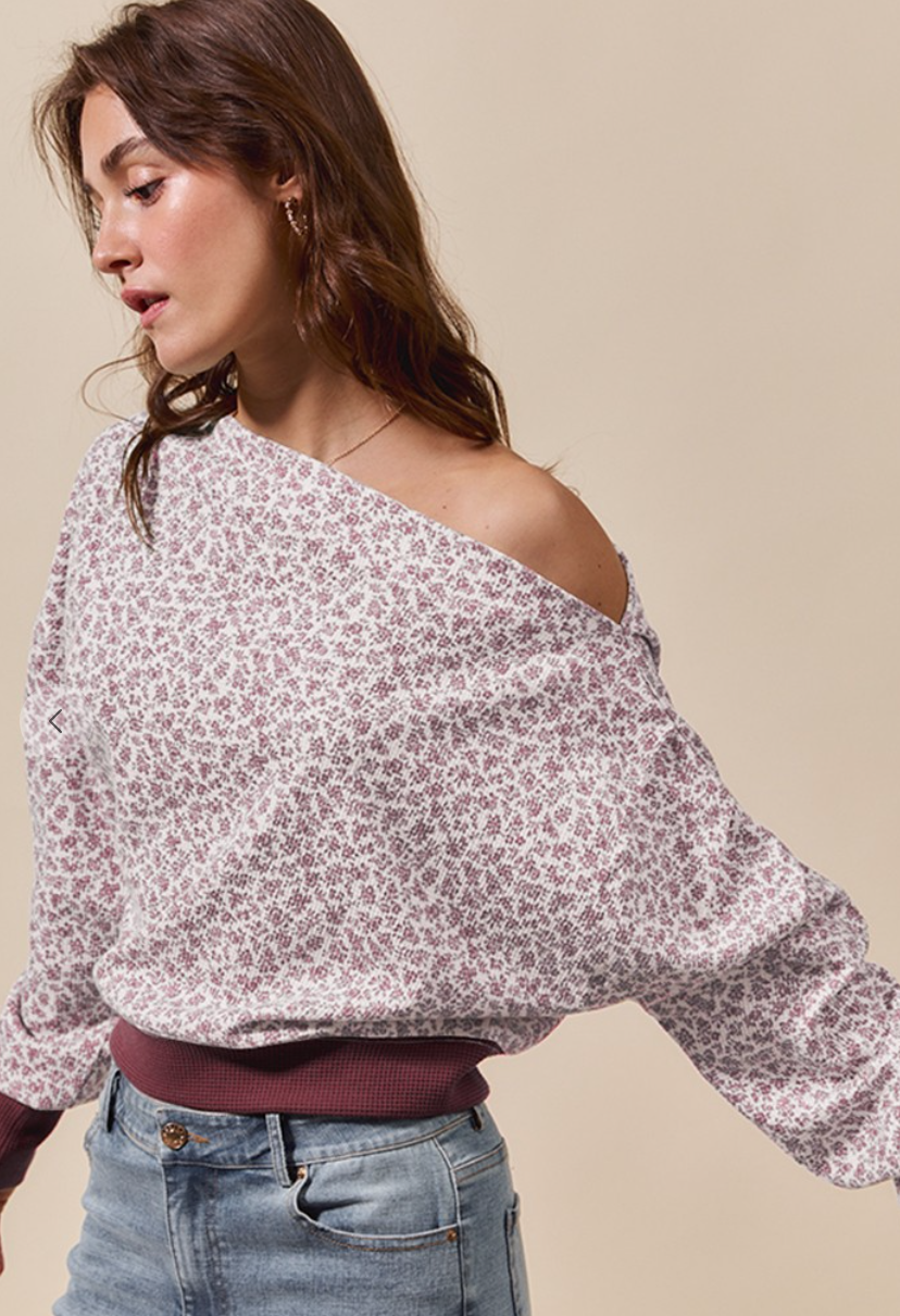 Ditsy Floral Thermal Knit One Shoulder Top in Wine
