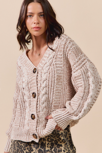 Soft Chenille Cable Knit Sweater Cardigan in Stone