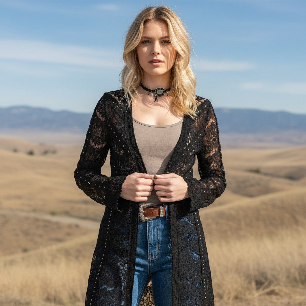 Midnight Lace Studded Duster Jacket – Madame Peacock's