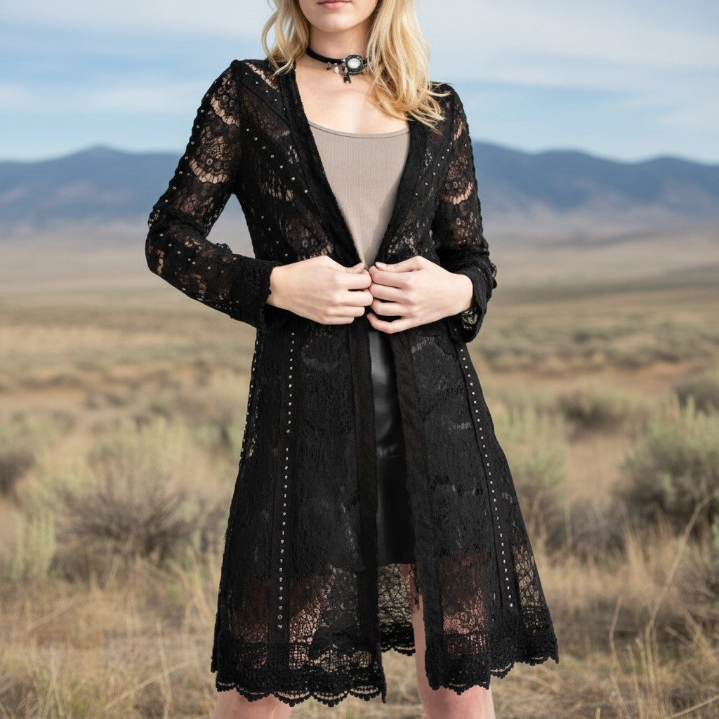 Midnight Lace Studded Duster Jacket – Madame Peacock's