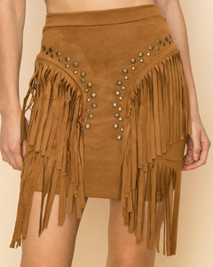 Braxton Suede Fringe Studded Skirt