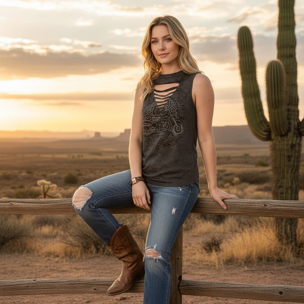 Route 66 Rhinestone Moto Graphic Tank – Madame Peacock's