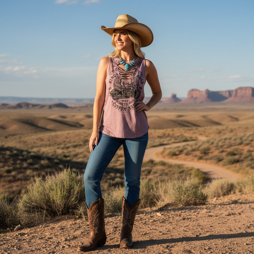 Route 66 Rhinestone Moto Graphic Tank – Madame Peacock's