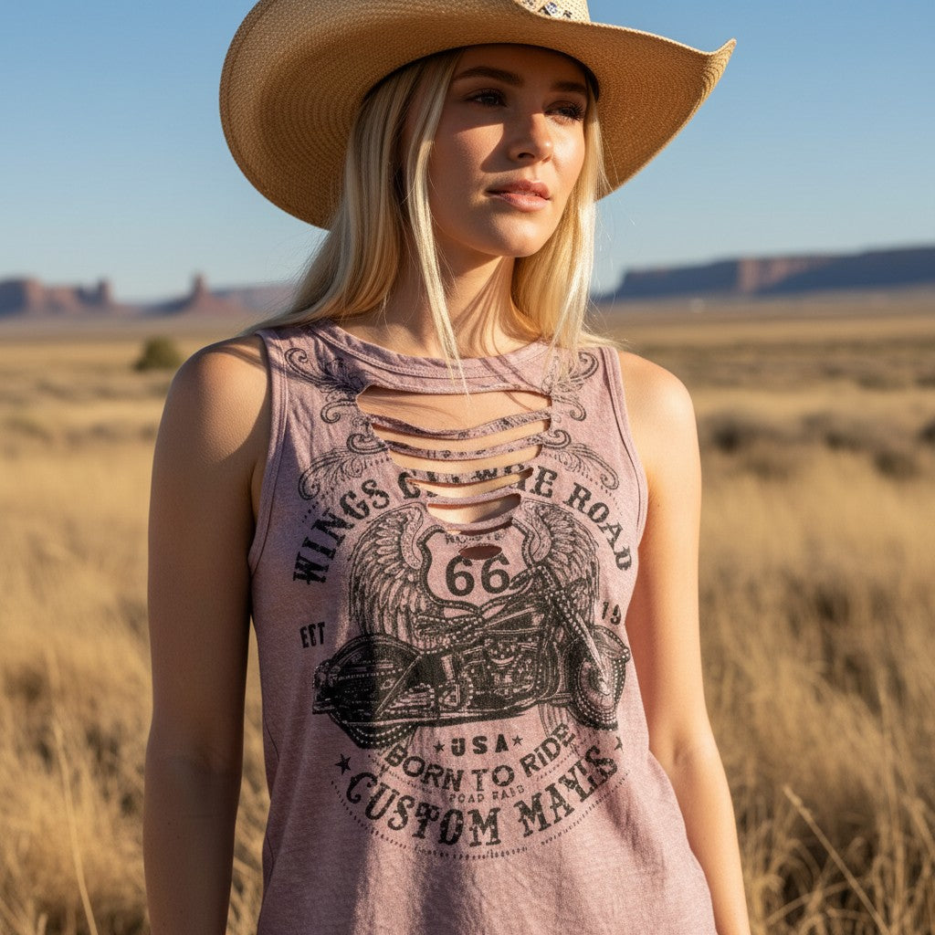 Route 66 Rhinestone Moto Graphic Tank – Madame Peacock's