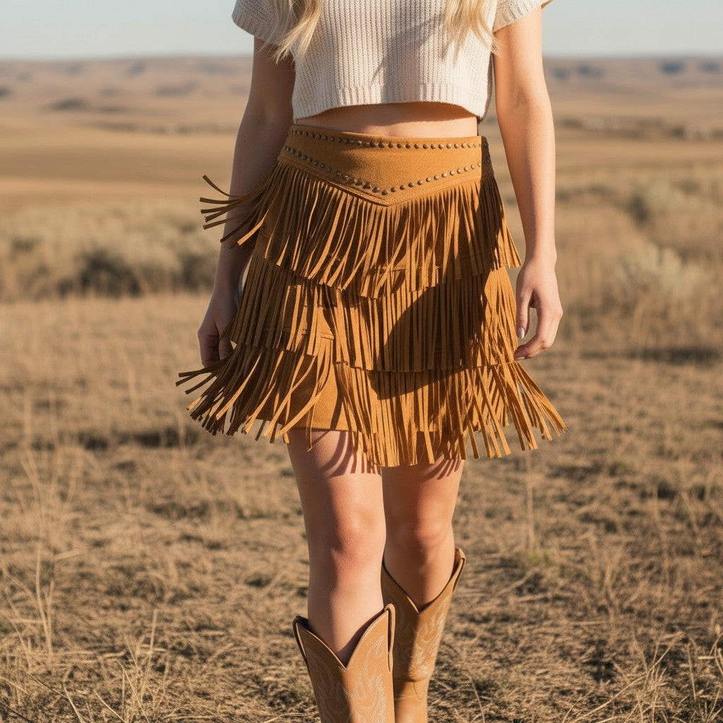 Golden Trail Studded Fringe Suede Mini Skirt – Madame Peacock's