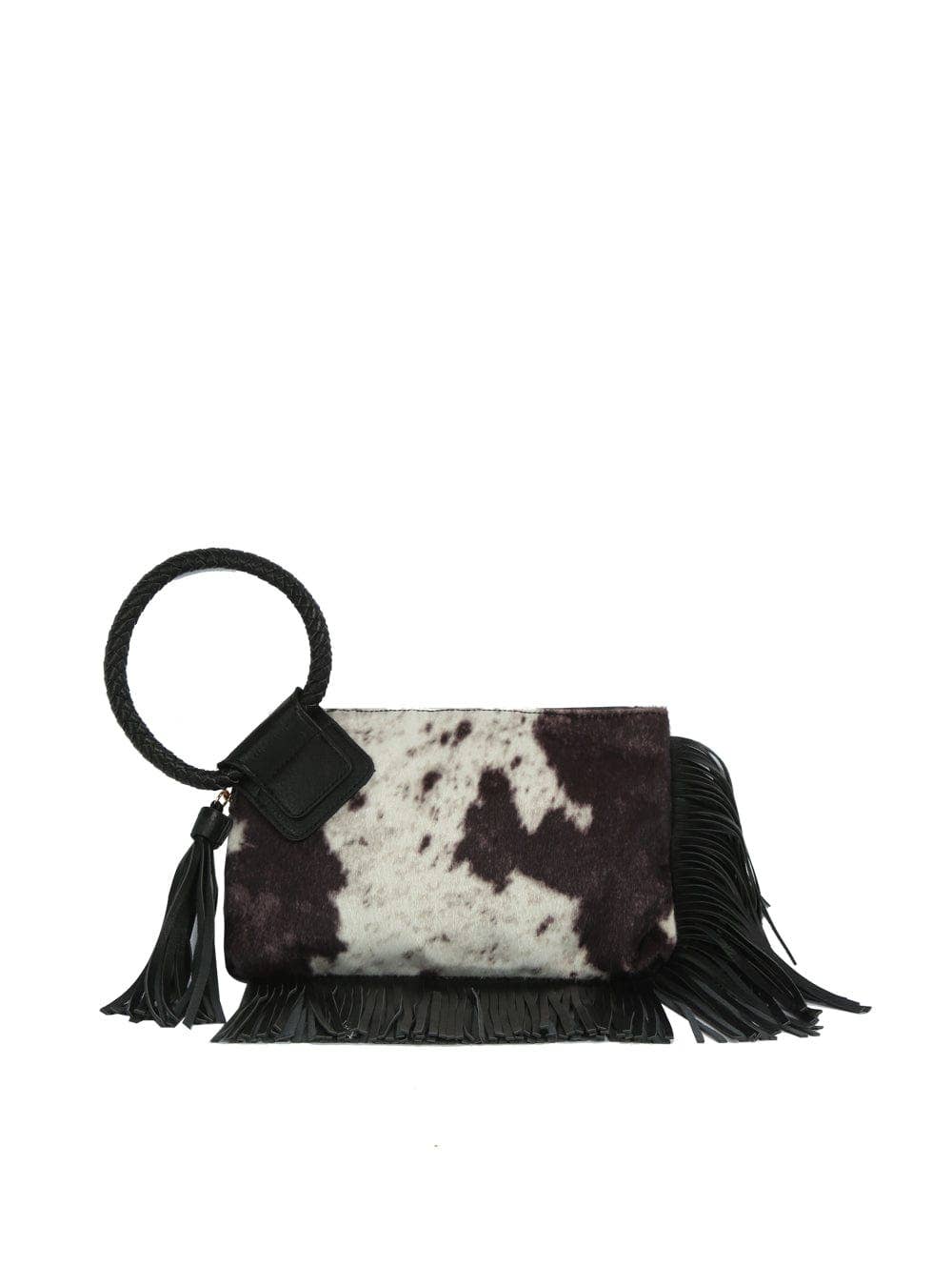 Vegan Suede Cow Print Fringe Wristlet/Clutch With Tassel