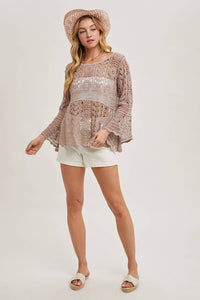 Donna Crochet Sheer Bell-Sleeve Pullover