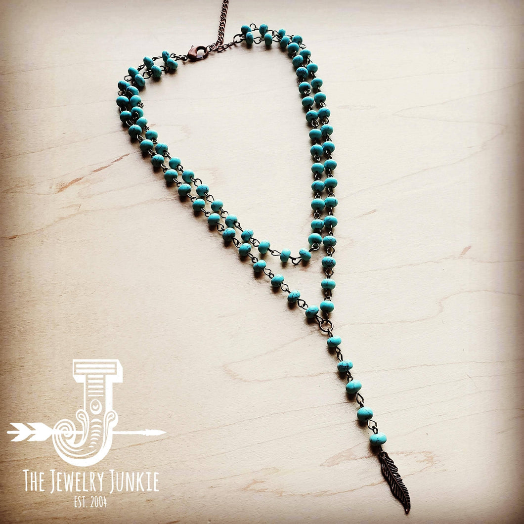 Double Strand Lariat Turquoise Necklace w/ Feather Pendant