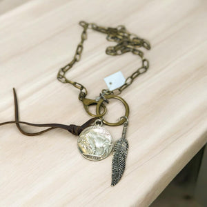 Clementine Necklace Feathered with Buffalo/Chief coin