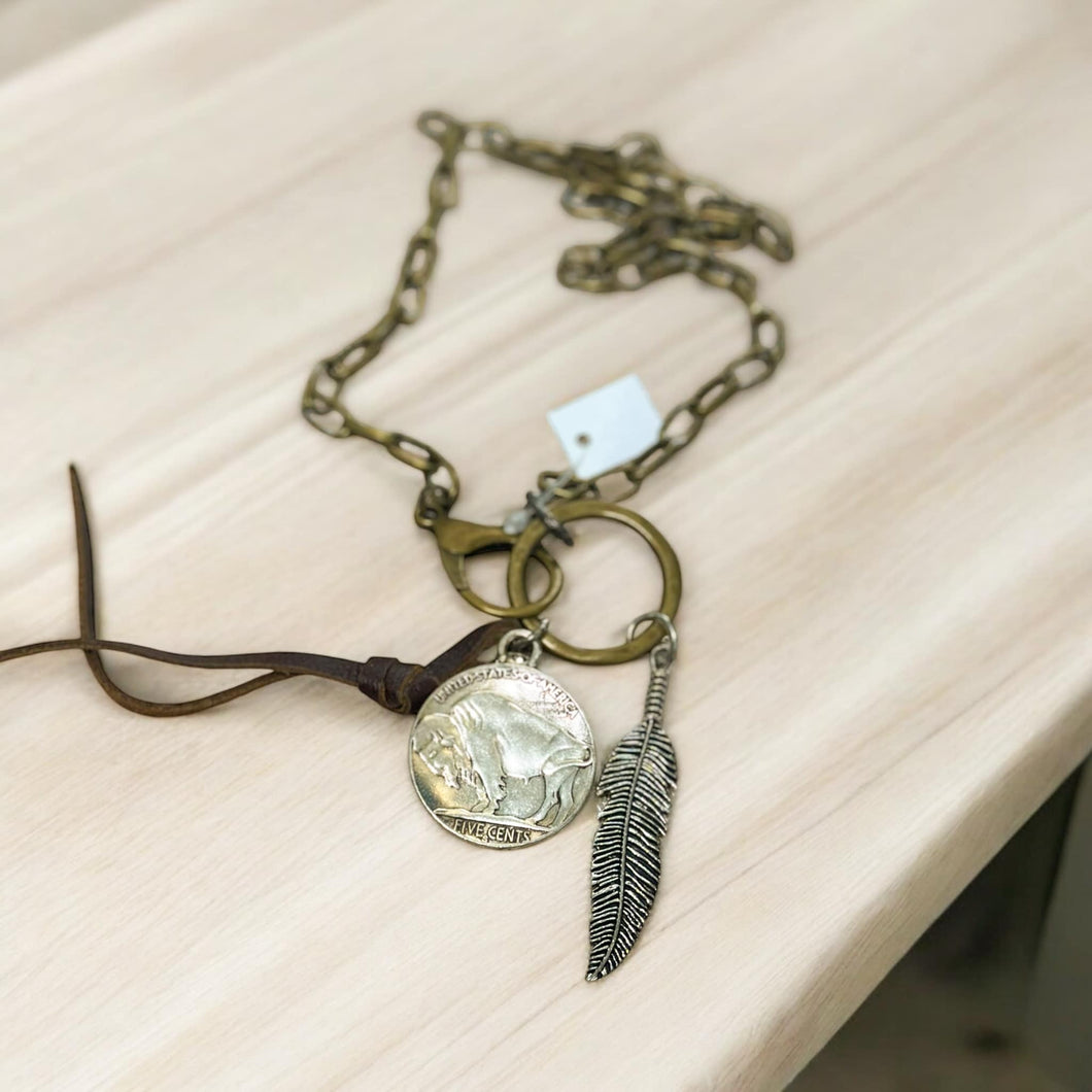 Clementine Necklace Feathered with Buffalo/Chief coin