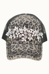 Floral Vine Bejeweled Glitz Animal Print Trucker Cap, Adj