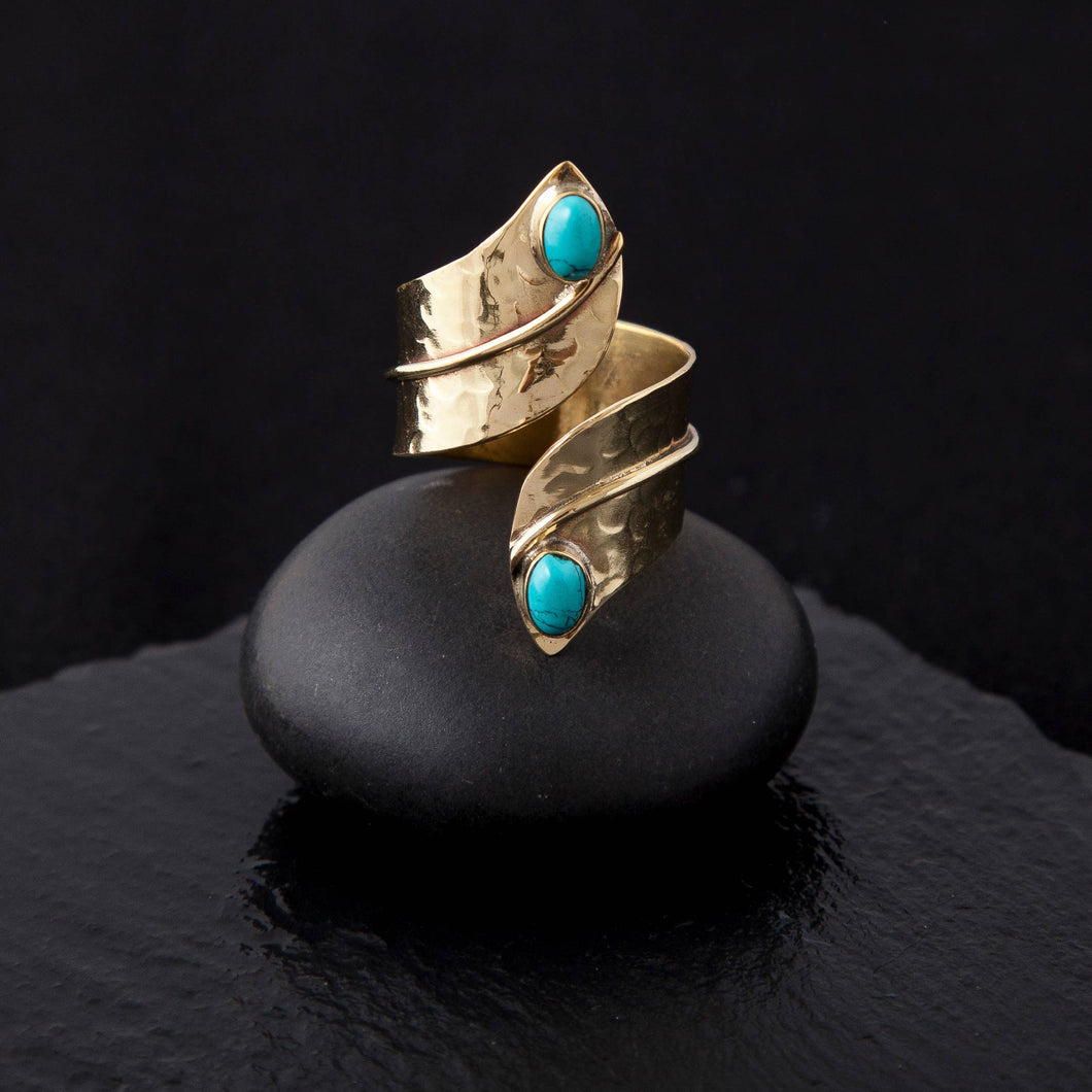 Brass Hammered Wrap Ring with Turquoise